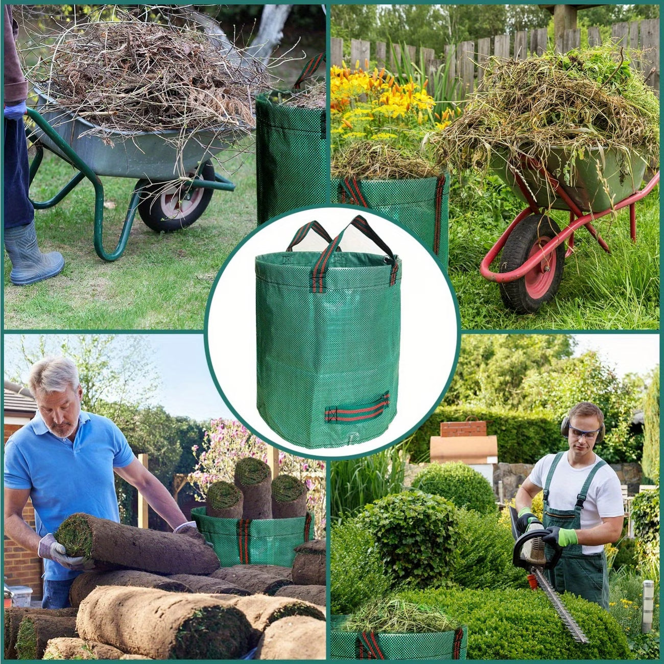 Large Garden Waste Bags with Zipper Leaf Waste Sacks with Handles Foldable and Reusable Green - 300 L