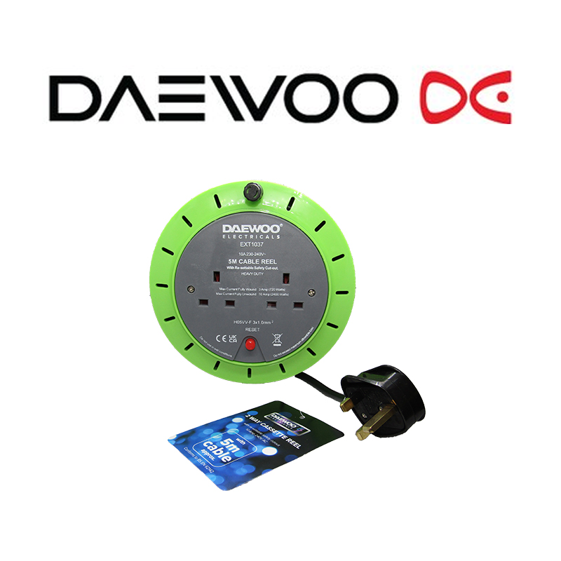 Daewoo 2 Way 5m Cable Reel Extension Lead Reel UK Plug