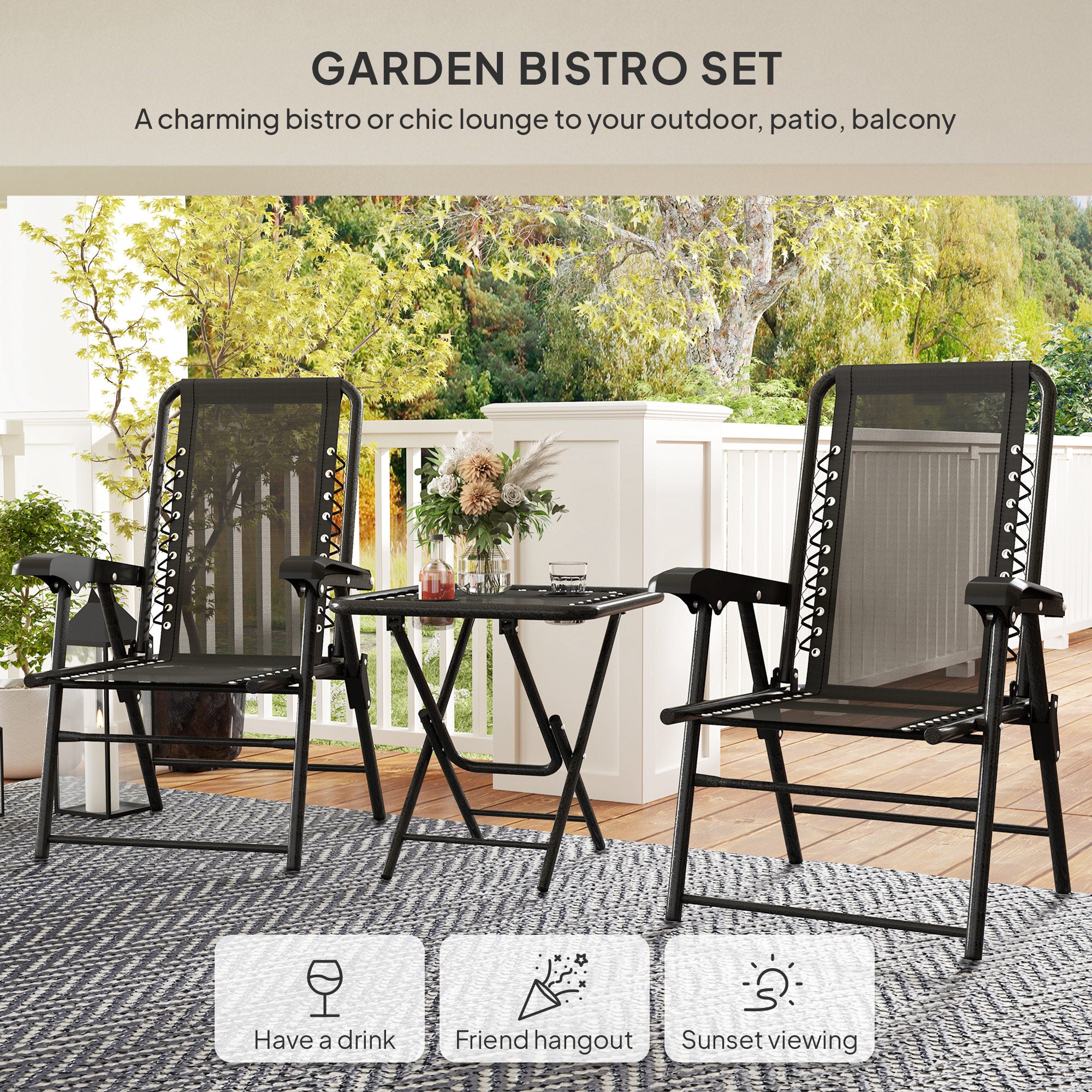 3-Piece Garden Table & Chair Set – Black Outdoor Furniture