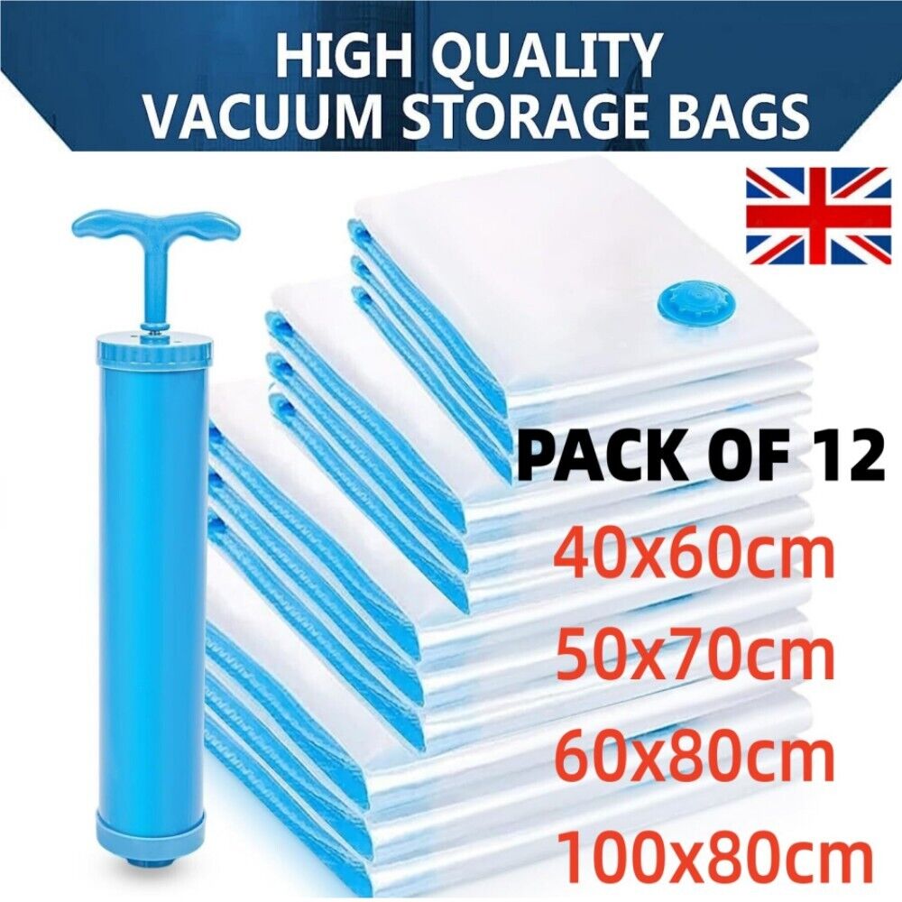 12-Pack Vacuum Storage Bags – Space Saver Organizer for Clothes & Bedding
