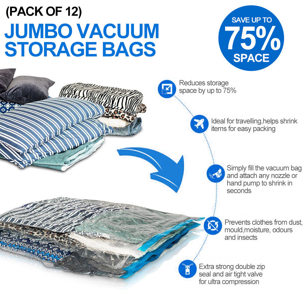12-Pack Vacuum Storage Bags – Space Saver Organizer for Clothes & Bedding